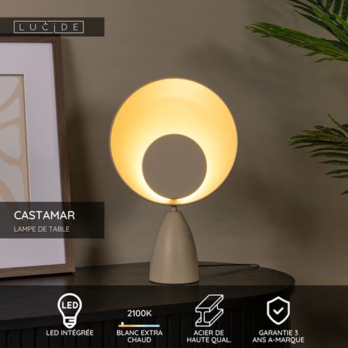 Lucide CASTAMAR - Lampe de table - Ø 25,5 cm - LED - 1x8W 2100K - Taupe - USP